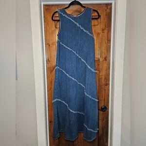 Lysse Denim Blue Midi Dress with Frayed Diagonal Seams